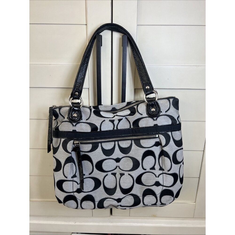 Coach Poppy Signature Black Gray Canvas Zipper Closure Tote Shoulder Bag - Picture 1 of 16